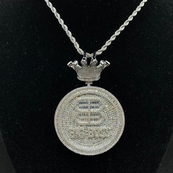 Iced Out Bling CZ Crown Round Letter Big Boss Pendant Necklace Iced Out Round Letter Big Boss King  Necklace